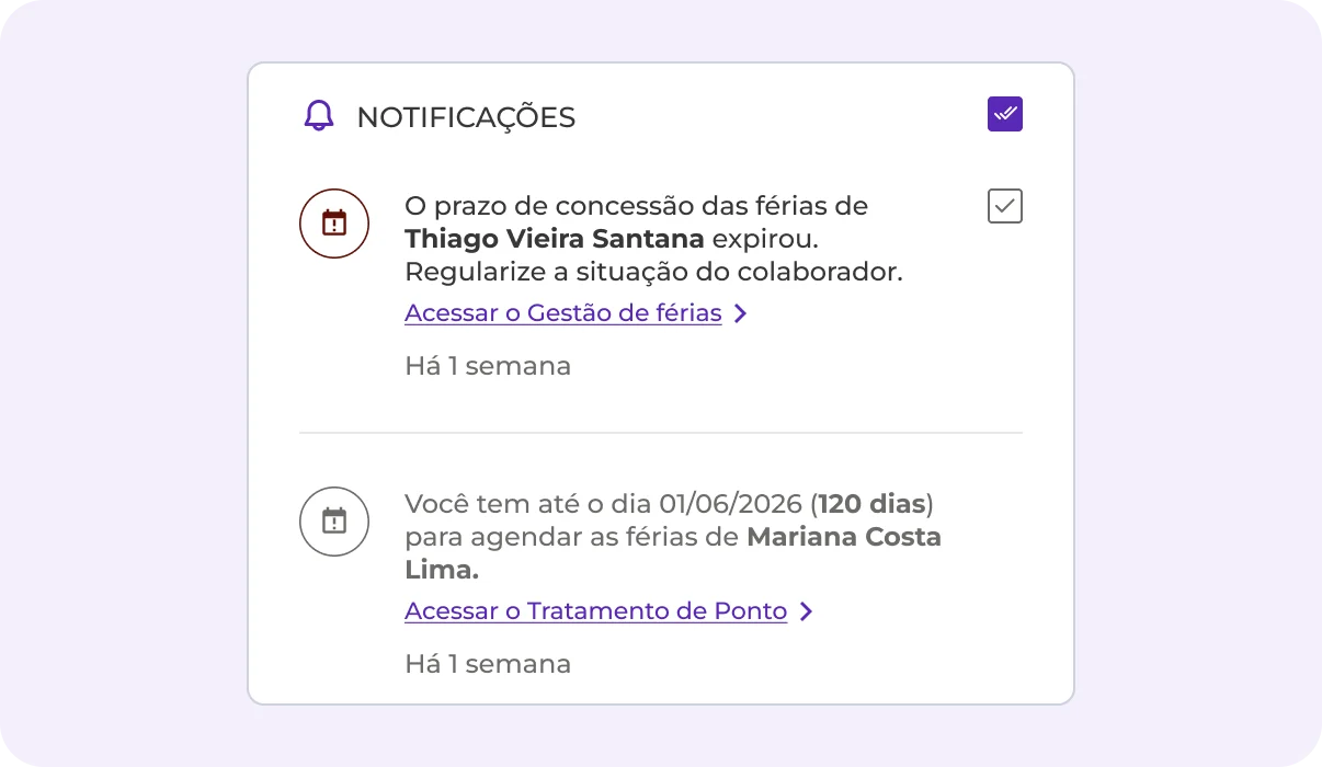 Central de notificações de férias